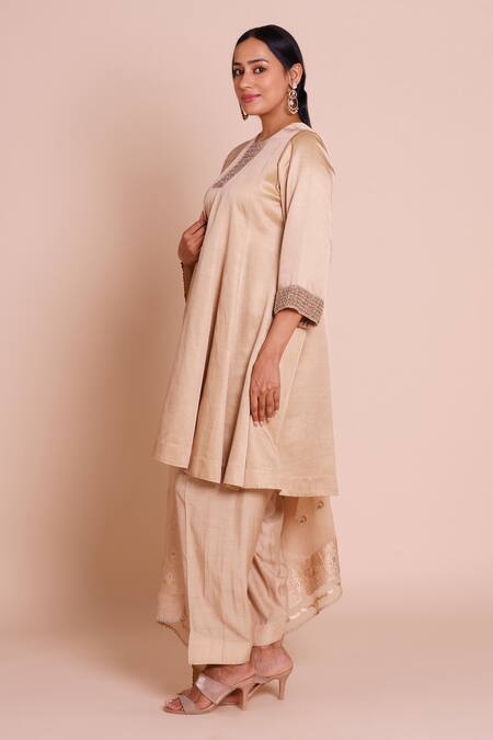 Brij_Beige Linen, Satin, Silk, Chanderi Embroidery, Zari, Kanika Kurta Set _at_Aza_Fashions