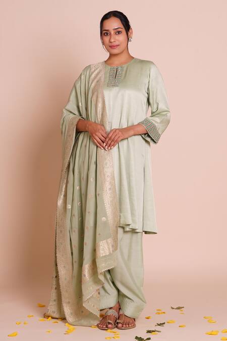 Buy_Brij_Green Linen, Satin, Chanderi, Brocade Embroidery, Applique, Neelima Kurta Set _Online_at_Aza_Fashions