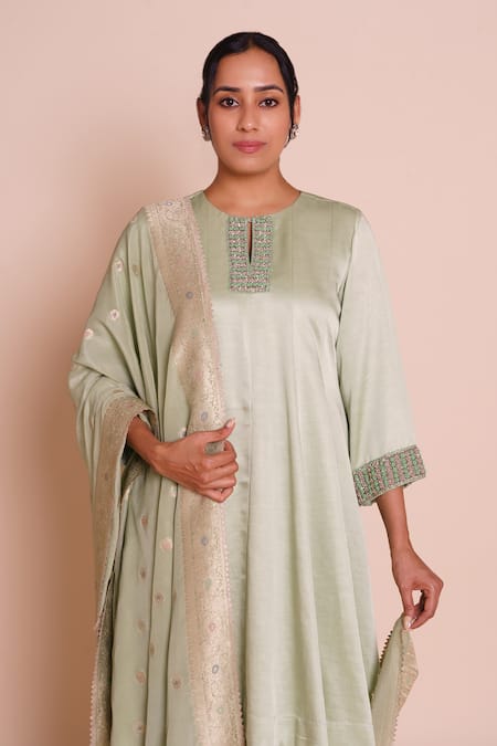 Shop_Brij_Green Linen, Satin, Chanderi, Brocade Embroidery, Applique, Neelima Kurta Set _Online_at_Aza_Fashions
