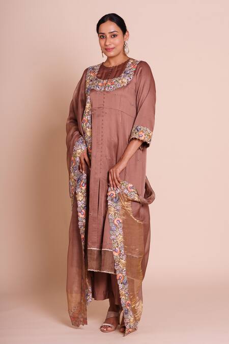 Brij_Brown Linen, Satin, Silk, Chanderi Embroidery Round Neck Avani Cocoa Kurta Set _Online_at_Aza_Fashions