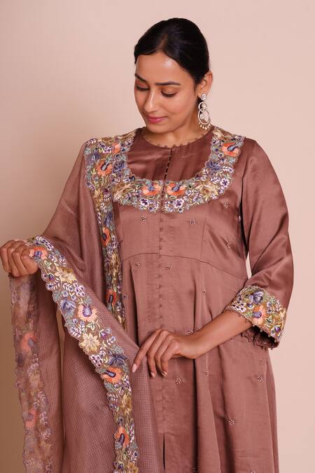 Buy_Brij_Brown Linen, Satin, Silk, Chanderi Embroidery Round Neck Avani Cocoa Kurta Set _Online_at_Aza_Fashions