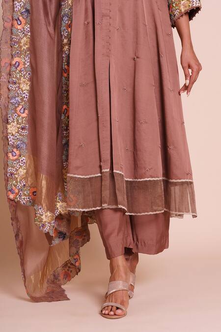 Shop_Brij_Brown Linen, Satin, Silk, Chanderi Embroidery Round Neck Avani Cocoa Kurta Set _Online_at_Aza_Fashions