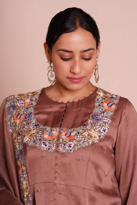 Brij_Brown Linen, Satin, Silk, Chanderi Embroidery Round Neck Avani Cocoa Kurta Set _at_Aza_Fashions