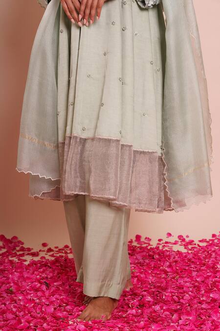 Brij_Blue Linen, Satin, Silk Embroidery, Sequins Round Neck Ira Powder Kurta Set _Online_at_Aza_Fashions