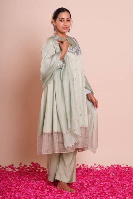 Shop_Brij_Blue Linen, Satin, Silk Embroidery, Sequins Round Neck Ira Powder Kurta Set _Online_at_Aza_Fashions