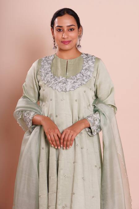 Brij_Blue Linen, Satin, Silk Embroidery, Sequins Round Neck Ira Powder Kurta Set _at_Aza_Fashions