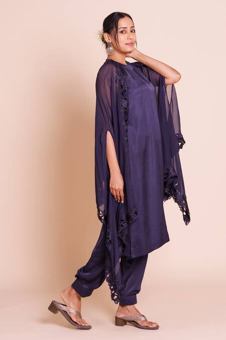 Shop_Brij_Blue Modal, Satin Open , Round Vanya Indigo Embroidered Cape Kurta Set _Online_at_Aza_Fashions