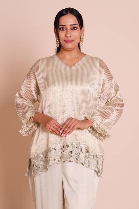 Brij Green Chanderi, Tissue, Silk Embroidery, Cut Work Keya Striped Short Kurta Set at Aza Fashions Brij_Green Chanderi, Tissue, Silk Embroidery, Cut Work Keya Striped Short Kurta Set _at_Aza_Fashions