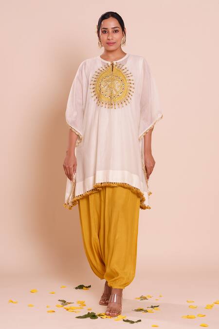 Brij_Ivory Chanderi, Silk Embroidery Round Neck Amara Kaftan Set _Online_at_Aza_Fashions