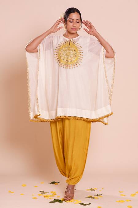 Buy_Brij_Ivory Chanderi, Silk Embroidery Round Neck Amara Kaftan Set _Online_at_Aza_Fashions