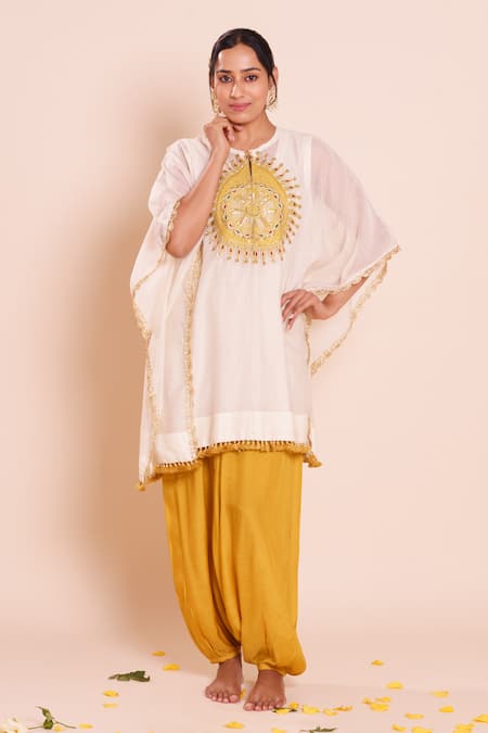 Shop_Brij_Ivory Chanderi, Silk Embroidery Round Neck Amara Kaftan Set _Online_at_Aza_Fashions