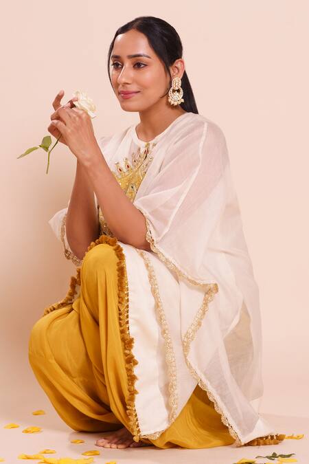 Brij_Ivory Chanderi, Silk Embroidery Round Neck Amara Kaftan Set _at_Aza_Fashions