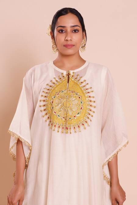 Buy_Brij_Ivory Chanderi, Silk Embroidery Round Neck Amara Kaftan Set 