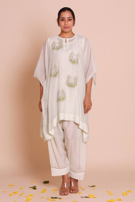 Brij_Mint Chanderi, Muslin, Silk Embroidery Round Saisha Pastel Green Kaftan Set _Online_at_Aza_Fashions