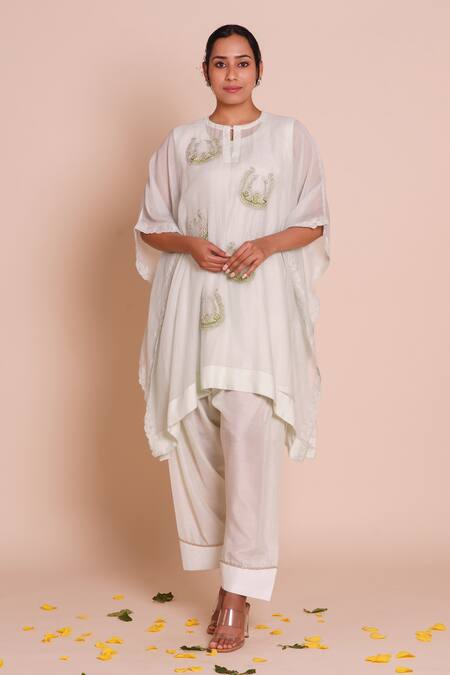 Buy_Brij_Mint Chanderi, Muslin, Silk Embroidery Round Saisha Pastel Green Kaftan Set _Online_at_Aza_Fashions