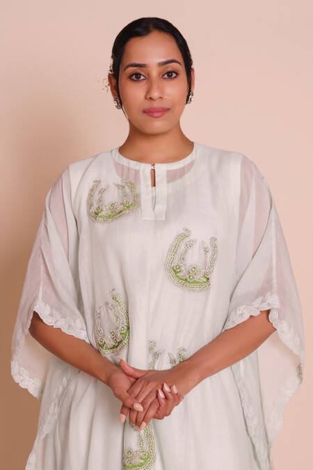 Buy_Brij_Mint Chanderi, Muslin, Silk Embroidery Round Saisha Pastel Green Kaftan Set 
