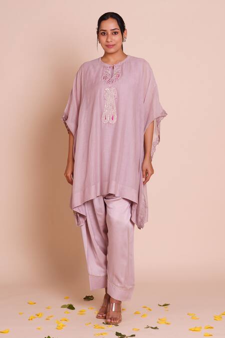 Brij_Purple Chanderi, Muslin, Silk Embroidery Round Neck Lavanya Lavender Kaftan Set _Online_at_Aza_Fashions