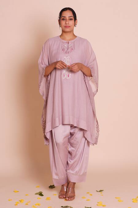 Buy_Brij_Purple Chanderi, Muslin, Silk Embroidery Round Neck Lavanya Lavender Kaftan Set _Online_at_Aza_Fashions