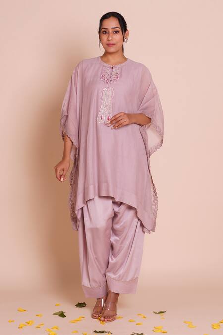 Brij_Purple Chanderi, Muslin, Silk Embroidery Round Neck Lavanya Lavender Kaftan Set _at_Aza_Fashions