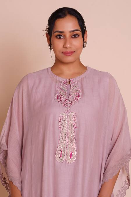 Buy_Brij_Purple Chanderi, Muslin, Silk Embroidery Round Neck Lavanya Lavender Kaftan Set 