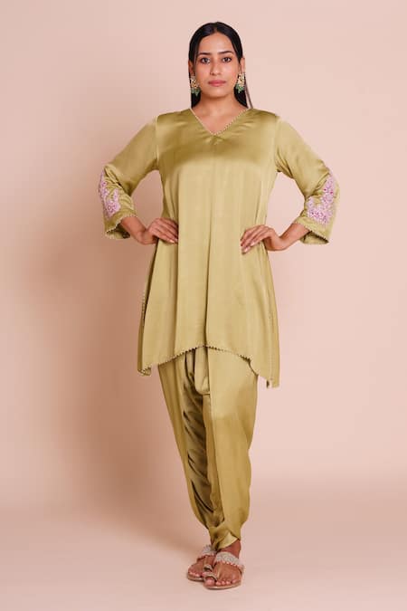 Brij_Green Modal, Satin Embroidery V-neck Anaya Kurta With Dhoti Pant _Online_at_Aza_Fashions