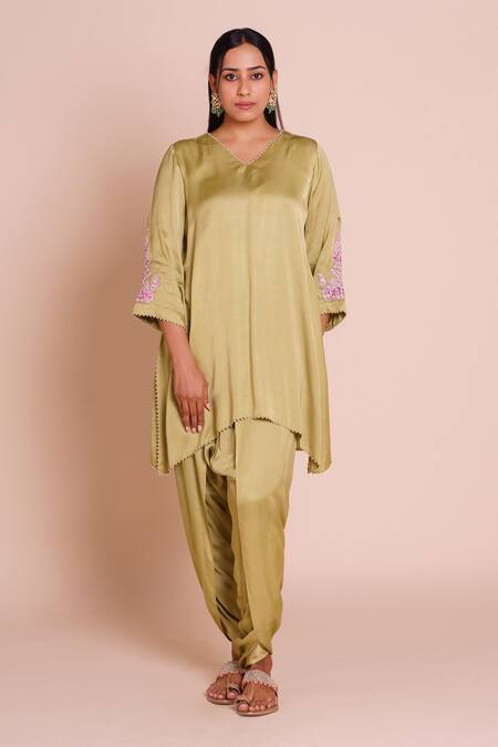 Buy_Brij_Green Modal, Satin Embroidery V-neck Anaya Kurta With Dhoti Pant _Online_at_Aza_Fashions