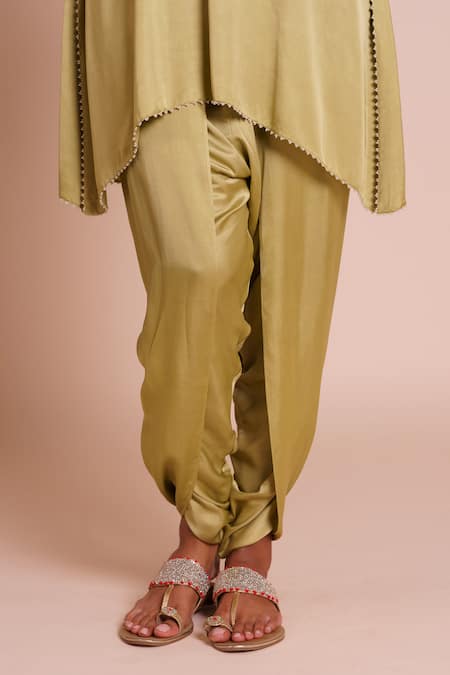 Shop_Brij_Green Modal, Satin Embroidery V-neck Anaya Kurta With Dhoti Pant _Online_at_Aza_Fashions