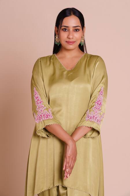Brij_Green Modal, Satin Embroidery V-neck Anaya Kurta With Dhoti Pant _at_Aza_Fashions