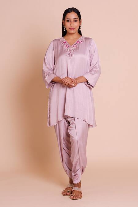 Buy_Brij_Purple Modal, Satin Embroidery, Metallic Myra Lavender Kurta With Dhoti Pant _Online_at_Aza_Fashions