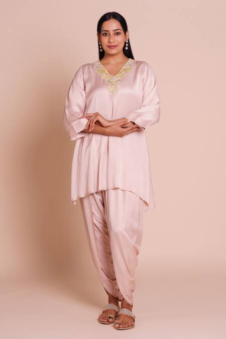Brij_Pink Modal, Satin Embroidery V-neck Hoor Onion Kurta And Dhoti Pant Set _Online_at_Aza_Fashions