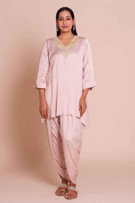 Buy_Brij_Pink Modal, Satin Embroidery V-neck Hoor Onion Kurta And Dhoti Pant Set _Online_at_Aza_Fashions