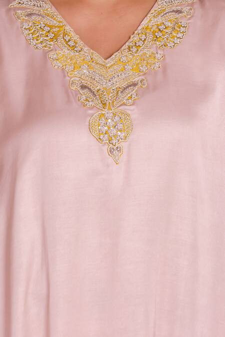 Shop_Brij_Pink Modal, Satin Embroidery V-neck Hoor Onion Kurta And Dhoti Pant Set _Online_at_Aza_Fashions