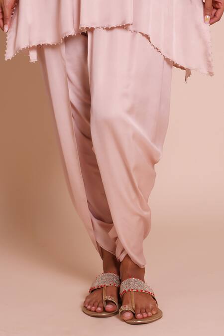 Brij_Pink Modal, Satin Embroidery V-neck Hoor Onion Kurta And Dhoti Pant Set _at_Aza_Fashions