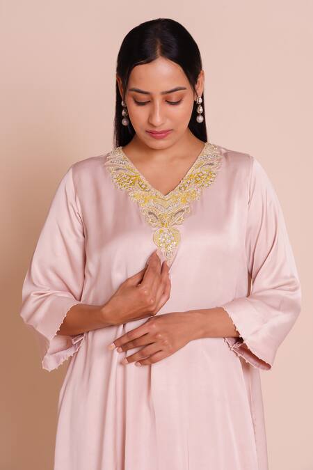 Buy_Brij_Pink Modal, Satin Embroidery V-neck Hoor Onion Kurta And Dhoti Pant Set 