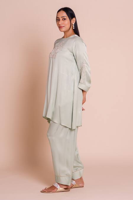 Brij_Blue Modal, Satin Embroidery Round Neck Eira Powder Kurta And Dhoti Pant Set _Online_at_Aza_Fashions