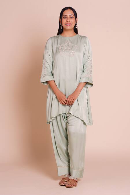Buy_Brij_Blue Modal, Satin Embroidery Round Neck Eira Powder Kurta And Dhoti Pant Set _Online_at_Aza_Fashions