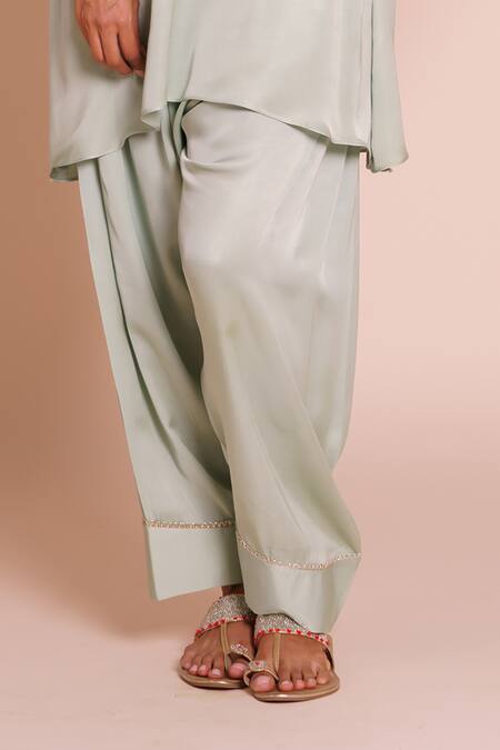 Shop_Brij_Blue Modal, Satin Embroidery Round Neck Eira Powder Kurta And Dhoti Pant Set _Online_at_Aza_Fashions