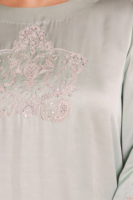 Buy_Brij_Blue Modal, Satin Embroidery Round Neck Eira Powder Kurta And Dhoti Pant Set 