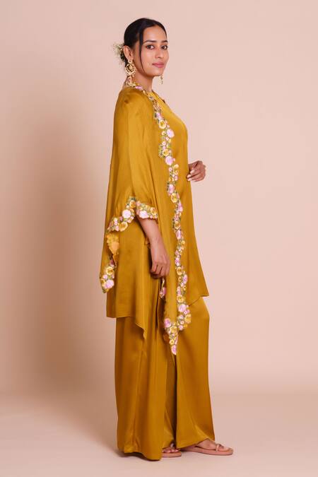 Brij_Mustard Modal, Satin Open , Round Suhani Yellow Cape Set _Online_at_Aza_Fashions