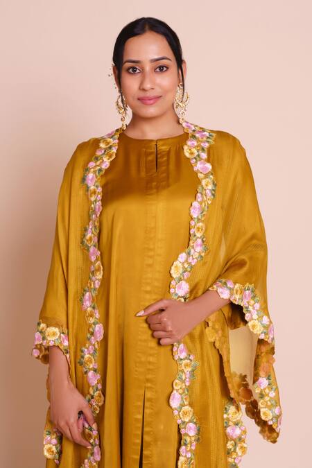 Buy_Brij_Mustard Modal, Satin Open , Round Suhani Yellow Cape Set _Online_at_Aza_Fashions