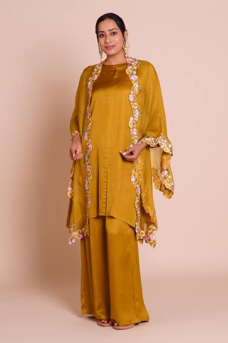 Shop_Brij_Mustard Modal, Satin Open , Round Suhani Yellow Cape Set _Online_at_Aza_Fashions