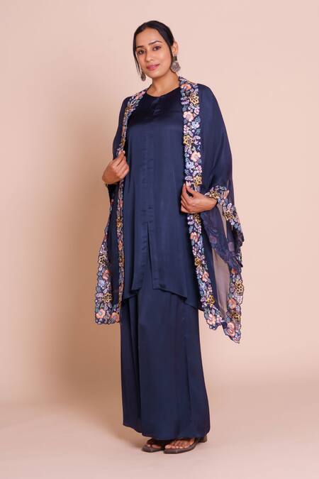 Brij_Navy Modal, Satin Open , Round Aranya Embroidered Cape Set _Online_at_Aza_Fashions