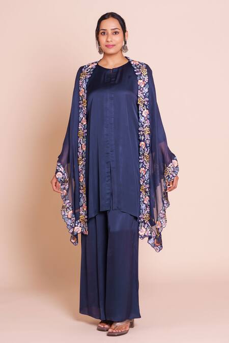 Shop_Brij_Navy Modal, Satin Open , Round Aranya Embroidered Cape Set _Online_at_Aza_Fashions