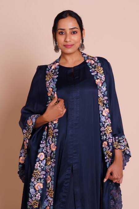 Brij_Navy Modal, Satin Open , Round Aranya Embroidered Cape Set _at_Aza_Fashions