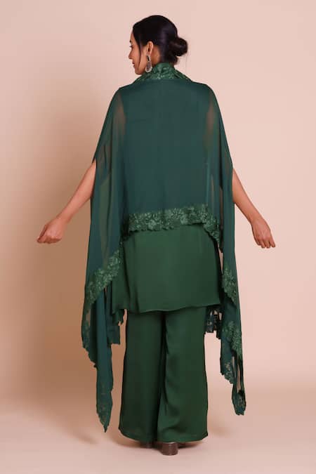 Brij Tara Bottle Green Embroidered Cape Set 