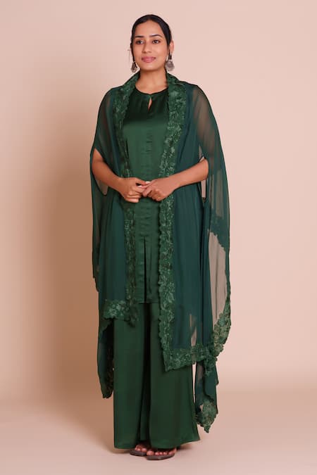 Brij Tara Bottle Green Embroidered Cape Set 