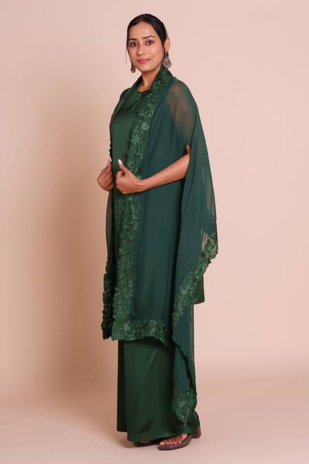 Brij_Green Modal, Satin Open , Keyhole Tara Bottle Embroidered Cape Set _Online_at_Aza_Fashions
