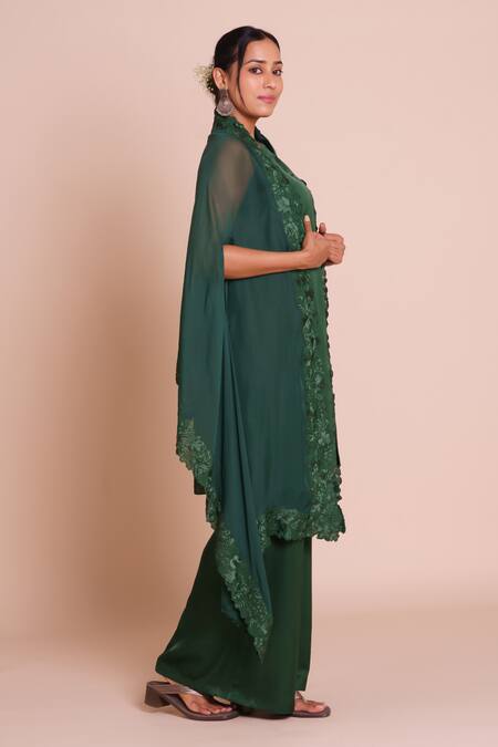 Buy_Brij_Green Modal, Satin Open , Keyhole Tara Bottle Embroidered Cape Set _Online_at_Aza_Fashions