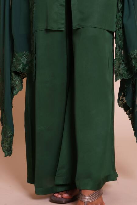 Shop_Brij_Green Modal, Satin Open , Keyhole Tara Bottle Embroidered Cape Set _Online_at_Aza_Fashions
