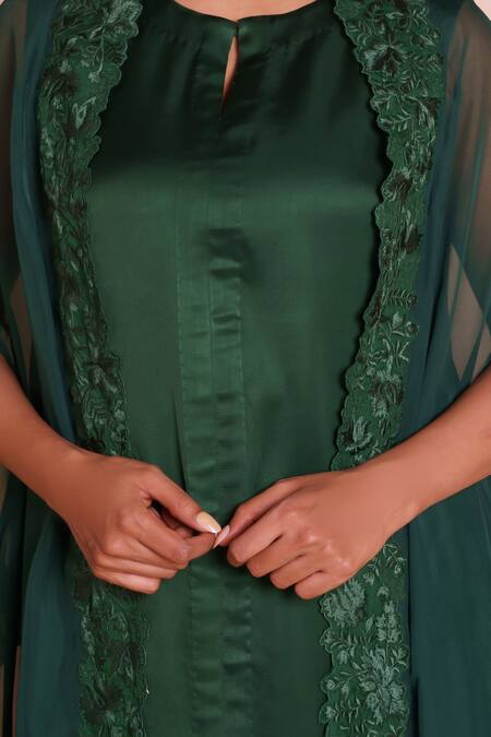 Brij_Green Modal, Satin Open , Keyhole Tara Bottle Embroidered Cape Set _at_Aza_Fashions